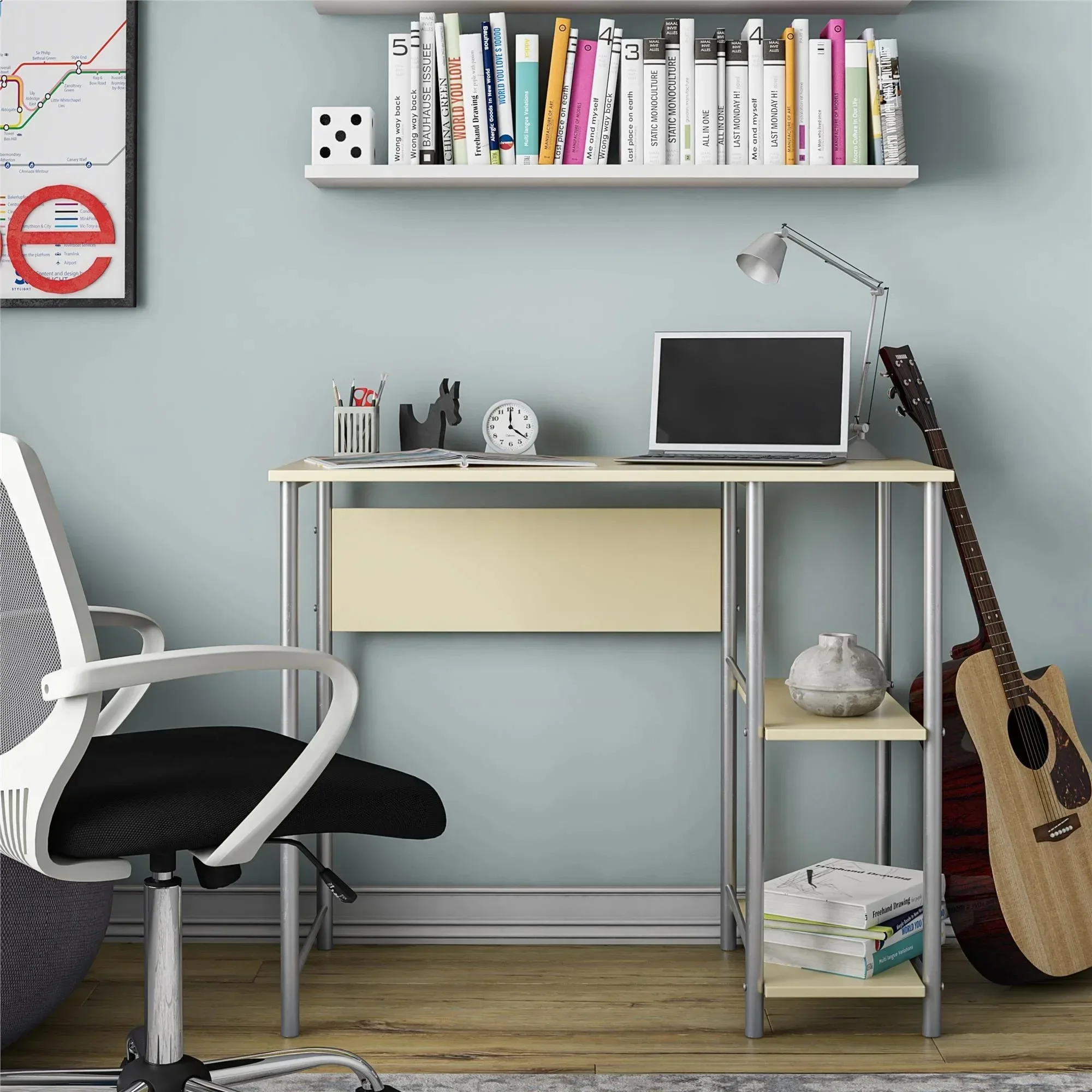 مكتب دراسة للأطفال أصفر، طاولة كمبيوتر أساسية بإطار معدني للأطفال، مكتب كتابة موفر للمساحة لغرفة النوم والفصول الدراسية