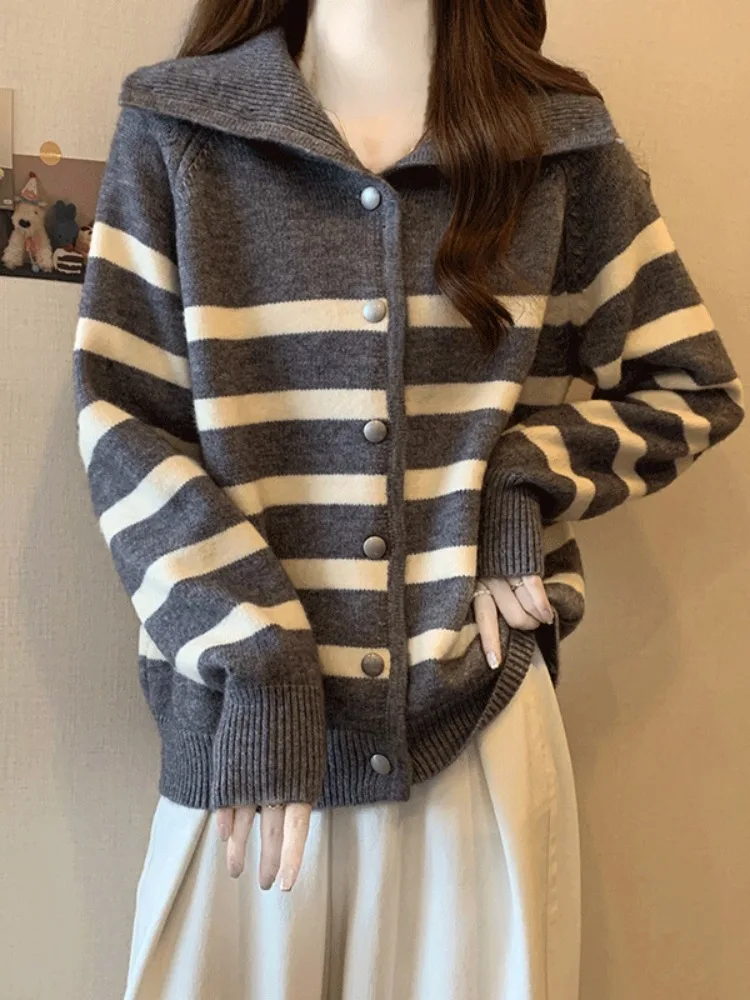 

Trendy Knitted Sweater Coat Women's Autumn Winter plus Size Striped Loose Fit Button up Cardigan Knitwear High End Feel