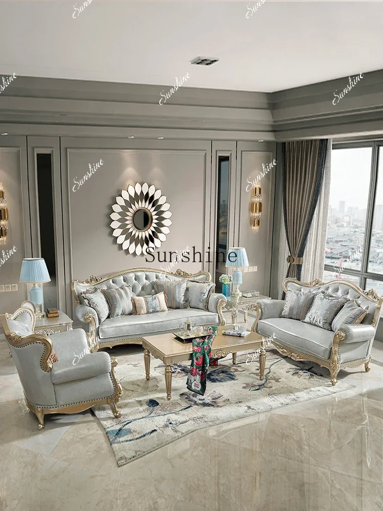 

European leather sofa American light luxury first layer cowhide French all solid wood three-person combinationP