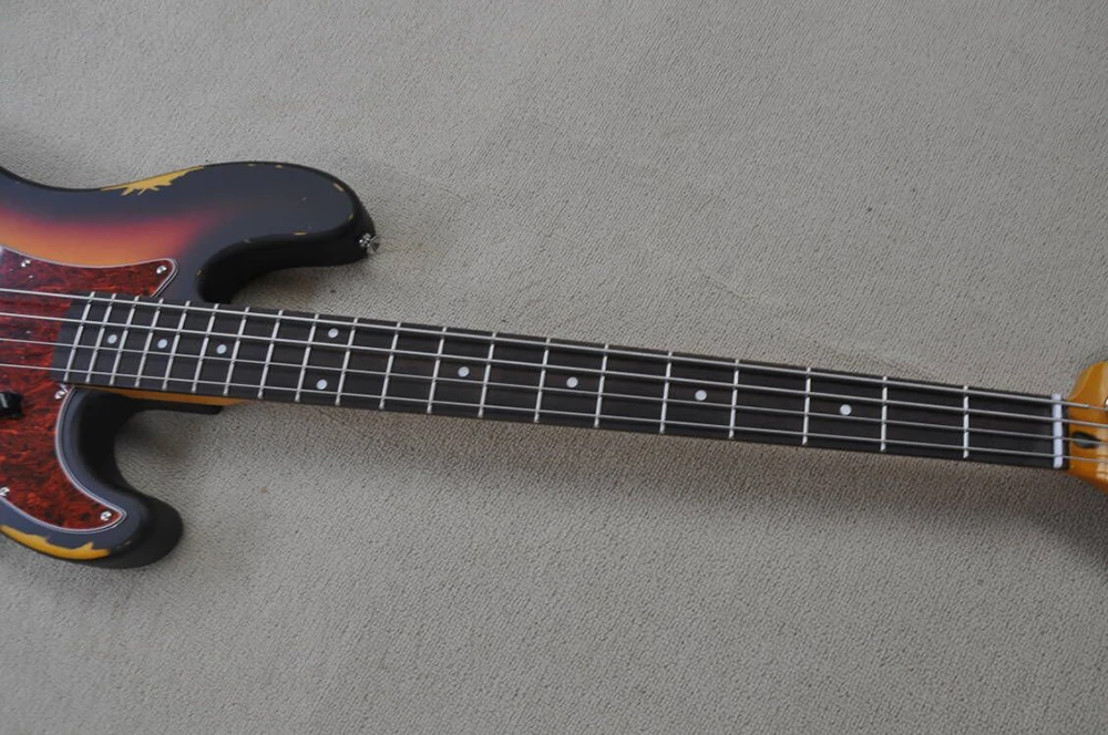 Tobacco Sunburst Relic 4 Strings Electric Bass Guitar with Rosewood Fretboard, Red Pickguard,Customizable