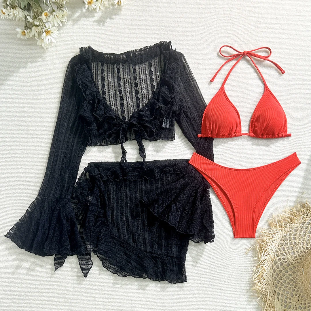 10 Farben, mit Sarong, langärmeliges Bikini-Oberteil, Damen-Badebekleidung, Damen-Badeanzug, vierteiliges Bikini-Set, Badeanzug, Badebekleidung, Modell V6338E. – Detail 39
