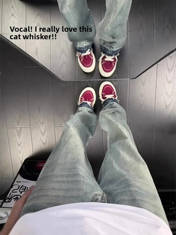 

Retro American Blue Jeans Men's Summer High Street Vibe Slim Straight Micro Flare Cotton Denim Casual Breathable