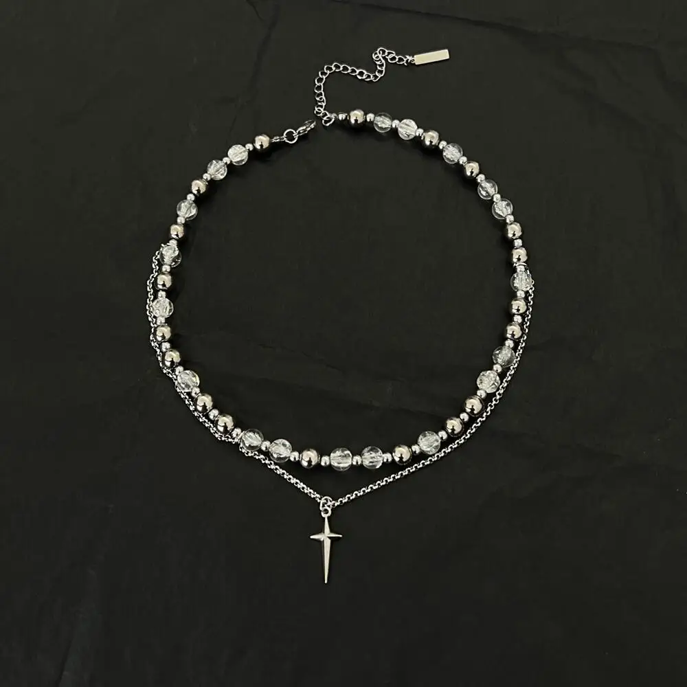 New Cross Bead Necklace For Man Woman Charm Titanium Steel Double-layer Clavicle Chain Unisex Style Jewelry Wholesale