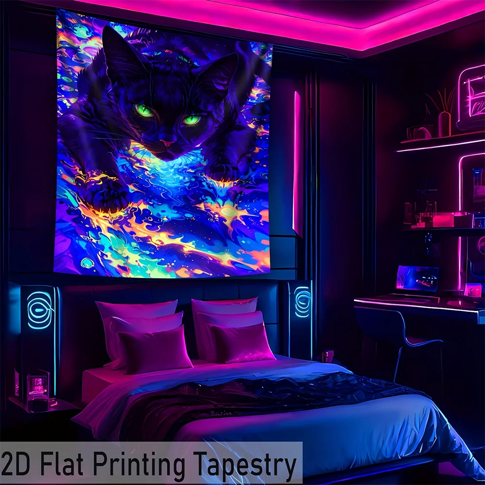 1pc  Black Cat Glow in Dark Blacklight Tapestry, Trippy UV Reactive Psychedelic Wall Hanging for Home Room Decor