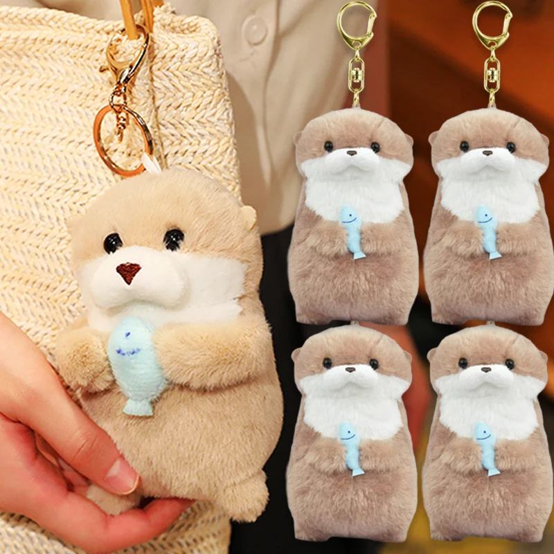 Cute Otters Holding Fish Plush Doll Keyrings Lightweight Hanging Pendant Props For School Bag Key Wallet Doll Toy Gifts 13cm