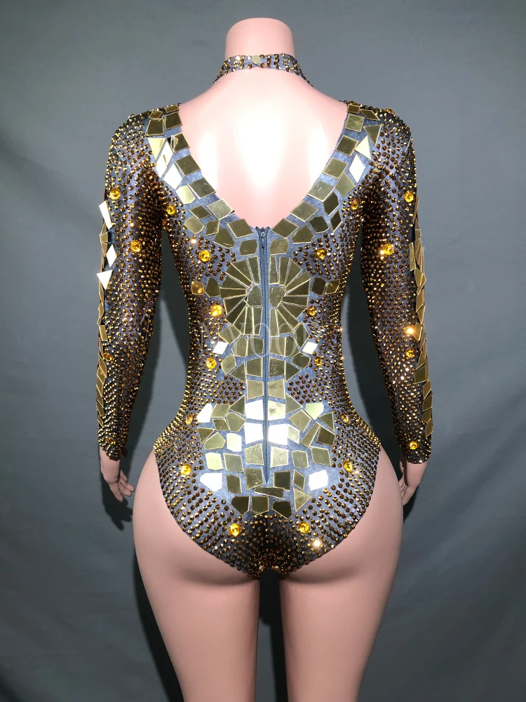 Shining Gold Rhinestones Mirrors Bodysuit Women\'s Birthday Celebrate Party Outfit DS Bar Singer Dancer Show Performance Costume