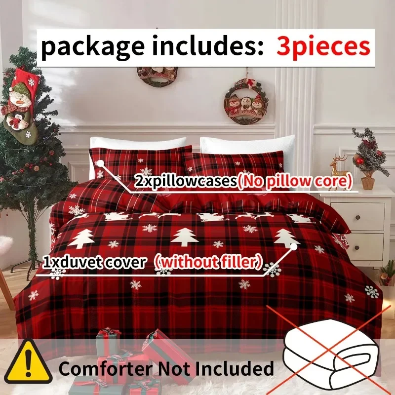 3-Piece Christmas-Themed Duvet Cover Set - Soft, Breathable, and Hypoallergenic Fabric - Checkered Elk Snowflake Print Design, P