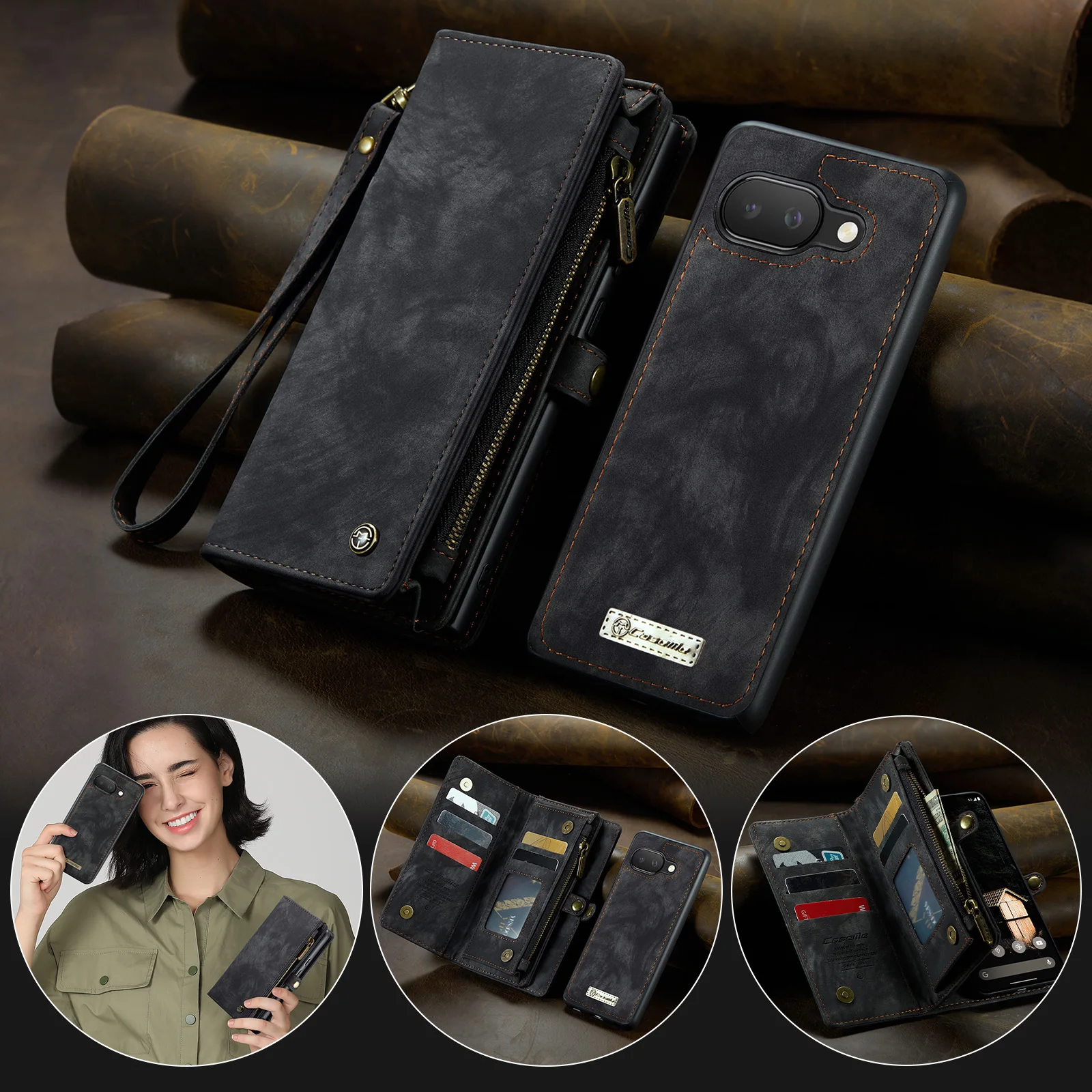 

CaseMe Shockproof Leather Detachable Card Holder Wallet Case for Google Pixel 9A, Zipper Purse Card Slot Stand Phone Cover Funda