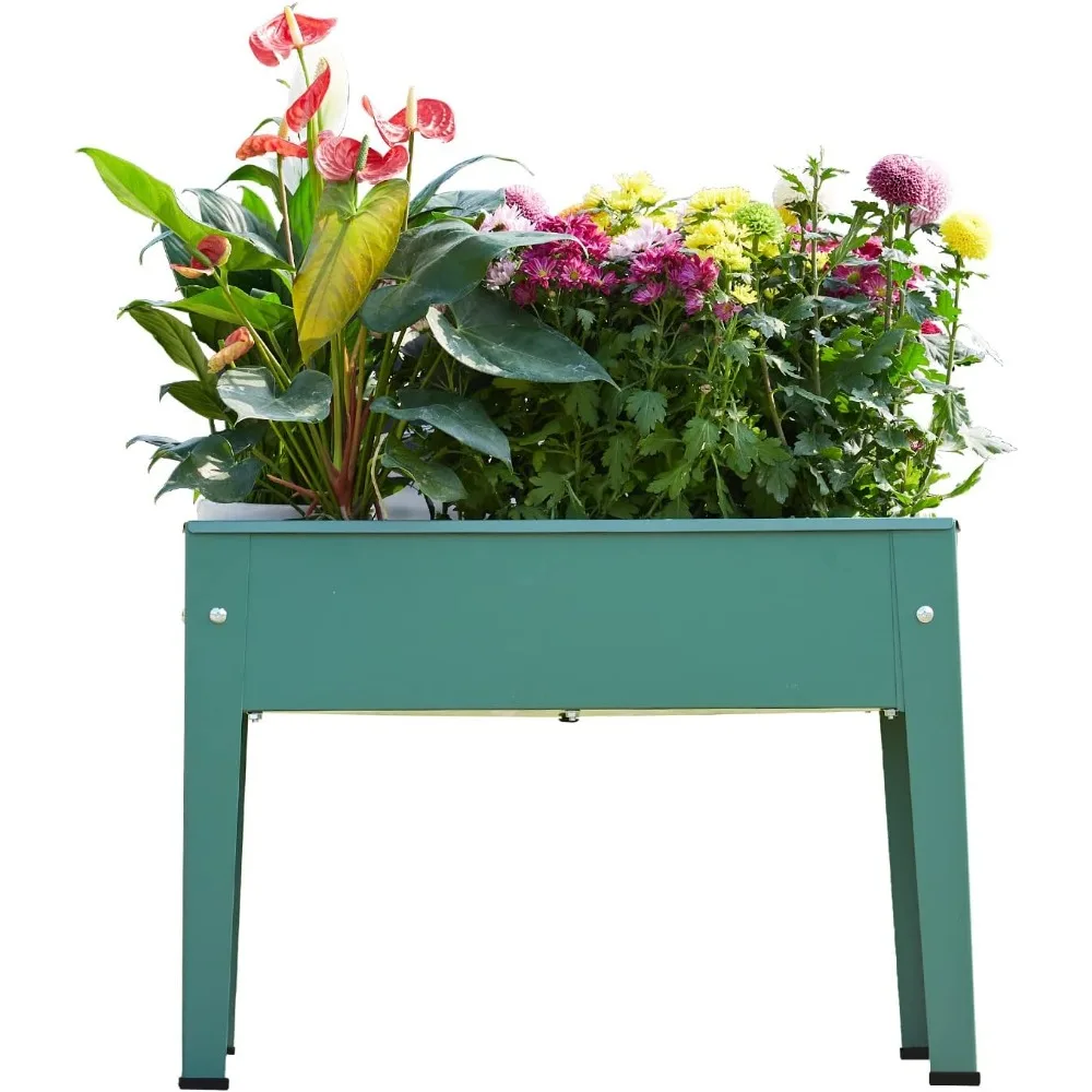 Raised Garden Bed, Elevated Planter Green Metal Plant Box with Legs Standing Garden Stand Drainage Holes Green