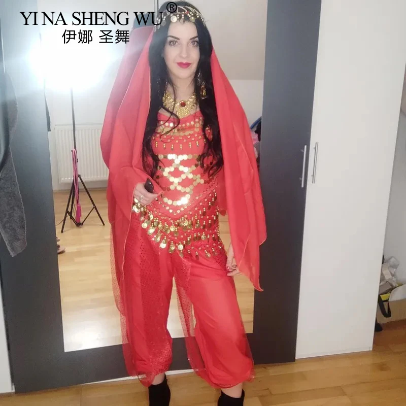 مجموعة ملابس الأميرة العربية للبالغين ملابس الرقص الشرقي اللامعة للنساء مُزينة بالترتر + السراويل طقم أزياء للسيدات والرقص الهندي الشرقي