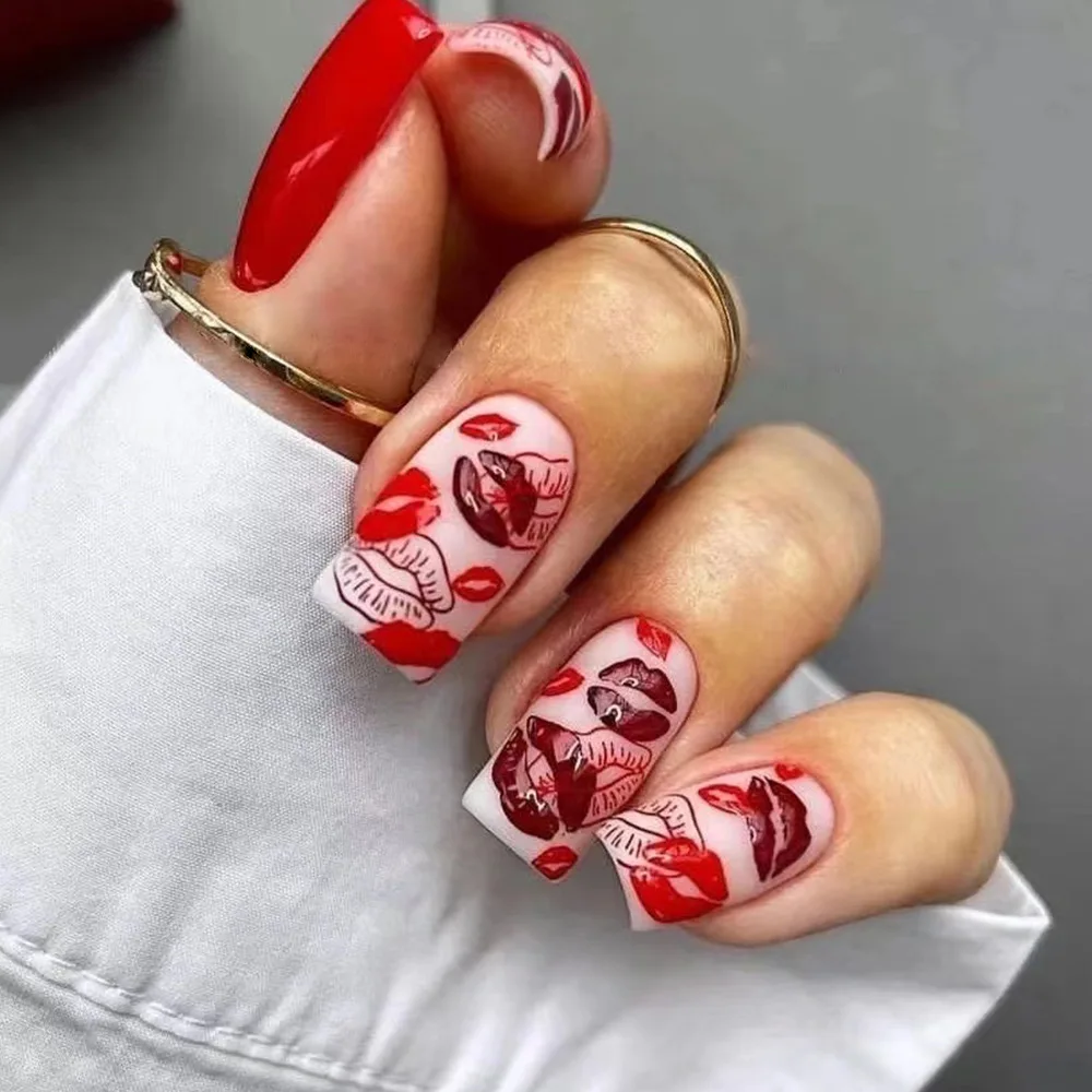 24pcs European Valentine's Day Fake Nails Red Lipstick Print Press on Nails Full Cover Wearable Sweet Korean Style False Nails