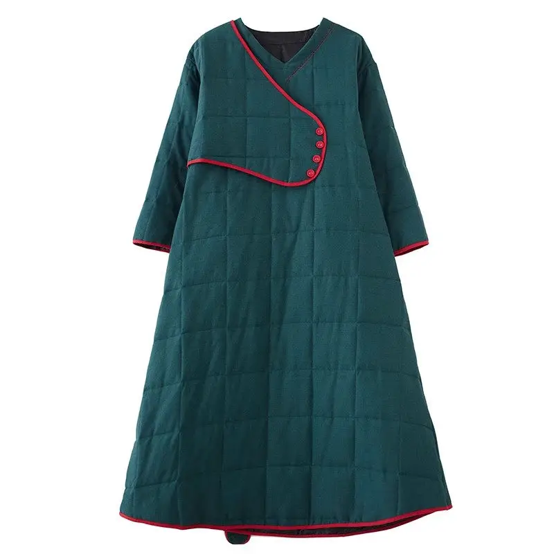 V-Neck Thickened Warm Dress Artistic And Elegant Temperament Mid Length Loose Fit Quilted Dress Women Tunic Lace Up Robe Z3618