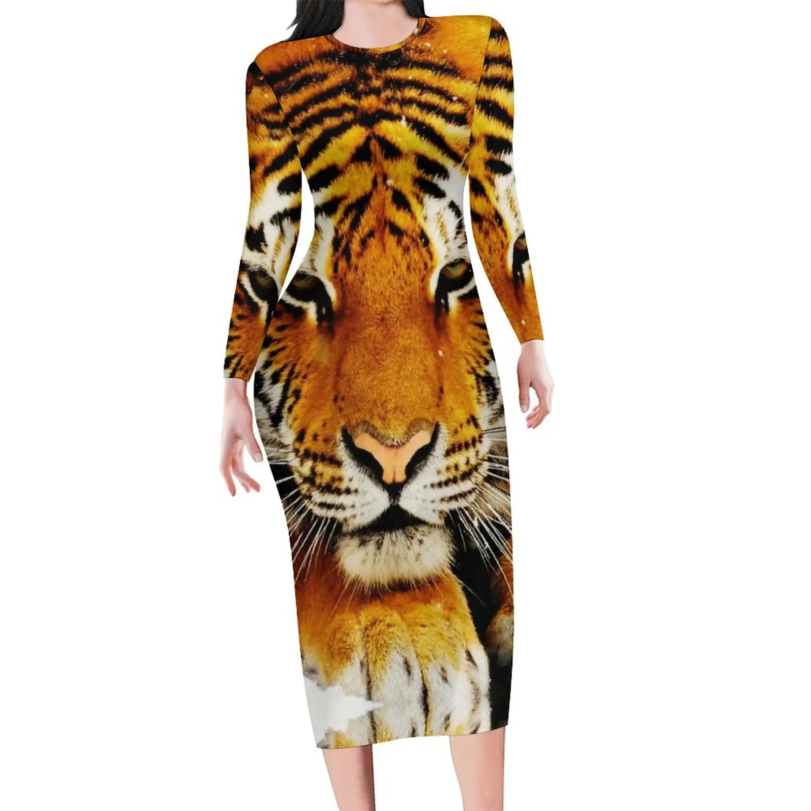 Siberian Tiger Print Dress Woman Wild Animal Streetwear Bodycon Dress Spring Long Sleeve Cute Dresses Custom Big Size Vestidos