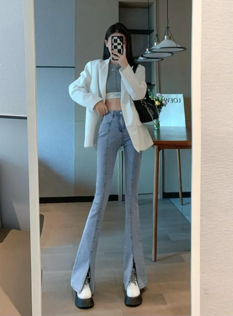 

Womens Jeans Skinny Woman Pants Flared Trousers Slim Fit Flare with Slits Bell Bottom Retro Original Spring Clothes A Trend 2024