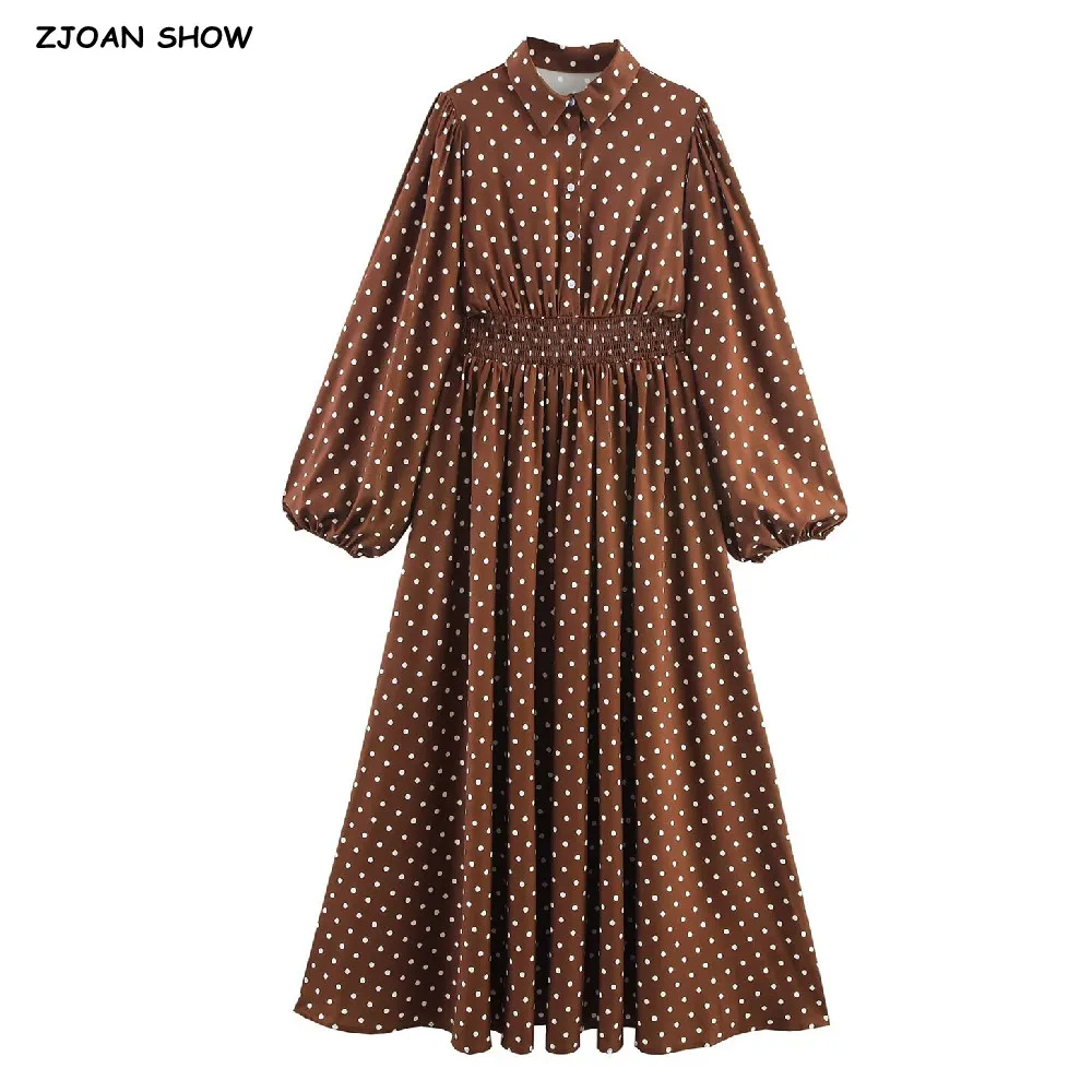 2025 Vintage marrón dibujo de lunares vestido de manga larga acampanada mujer cuello de solapa cintura elástica Swing vestido hasta el tobillo bata