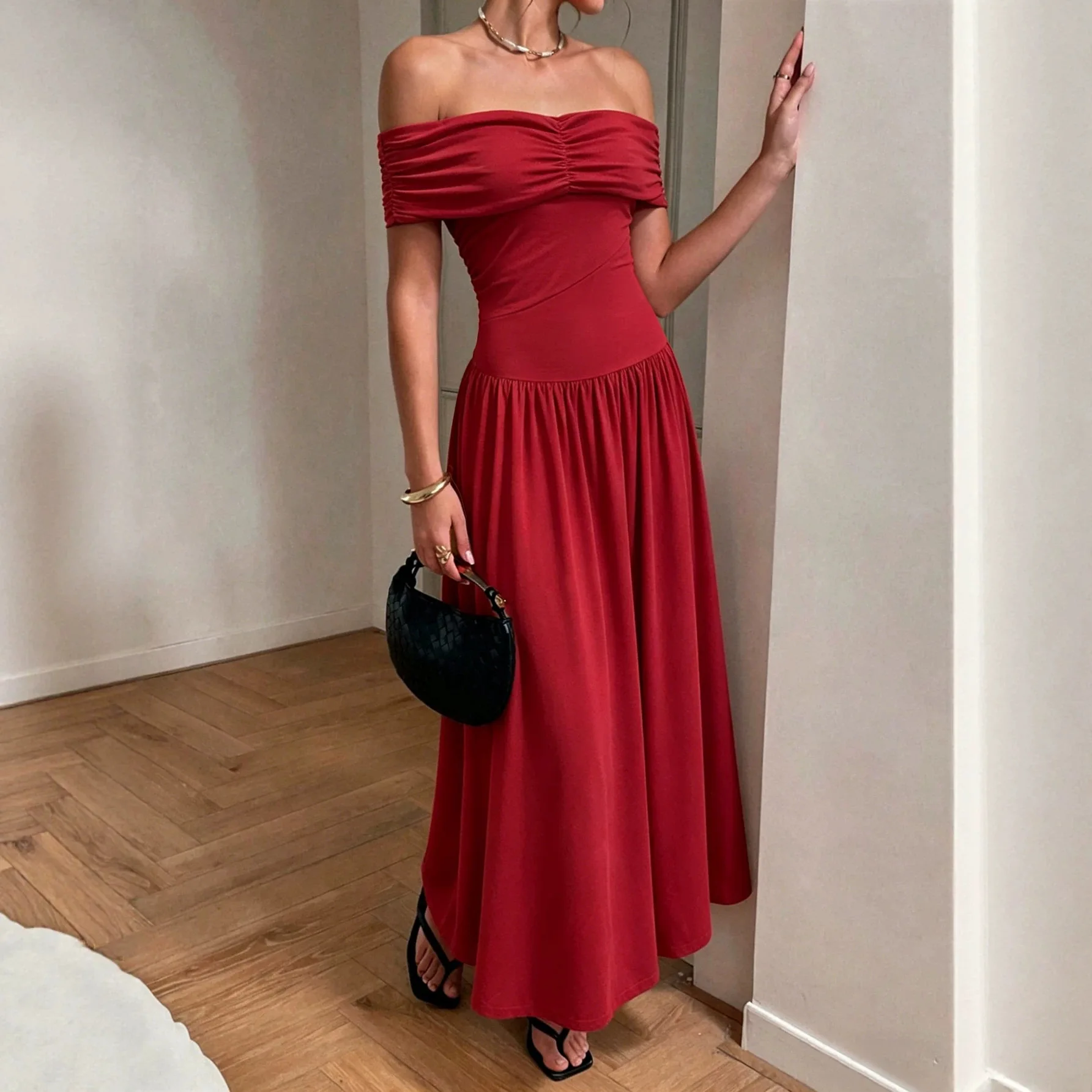 Spring Summer New Women Elegant Red Dress One Shoulder Banquet Long