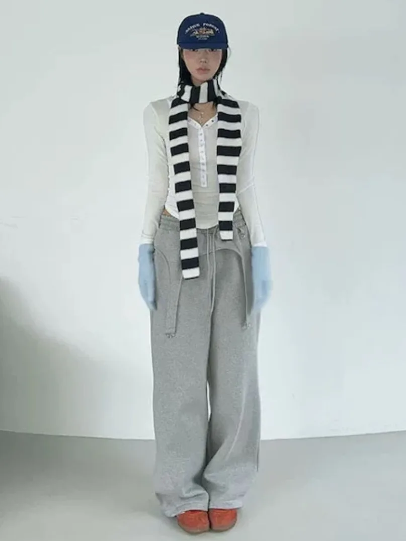 Retro Design Metal Bule Casual Pants Long Trousers Pure Color Women's Autumn Winter New Sle Asymmetric Sweatpants