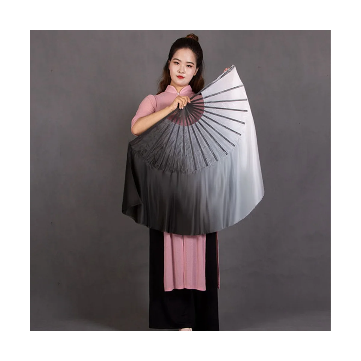 2 Layers Half Moon Real Silk Veils Double Side Fan Pair for Folk Dance Show Props White Black Gradient Shuimo Veil 1L+1R