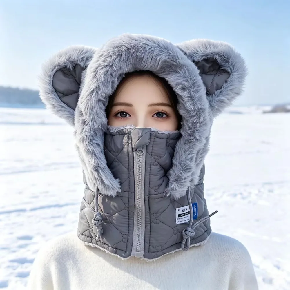 Warm Thick Winter Balaclava Hat Windproof Zipper Ear Protection Hat Unisex Design Faux Fur Trim Winter Integrated Cap Winter