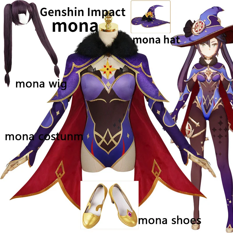 Anime Game Genshin Impact Cosplay Mona Costume Girls Women  Girls Halloween Carnival Party Sexy Dress Uniform Cosplay Wig Outfit