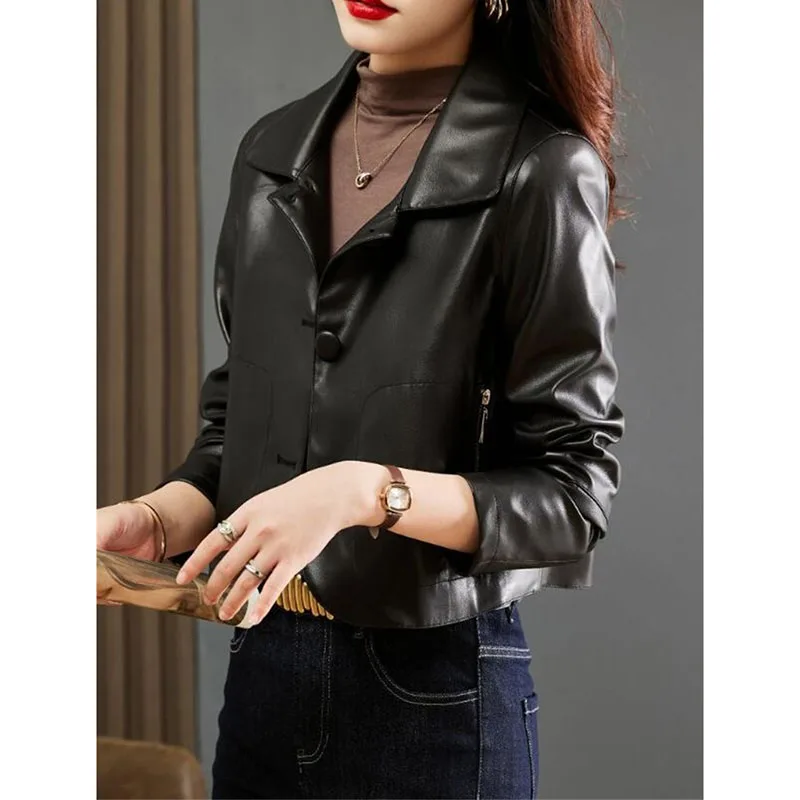 Fashion Short Leather Jacket Korean Version Slim PU Leather Women\'s Locomotive Coat 2024 Spring Autumn New Chic Outerwear Female