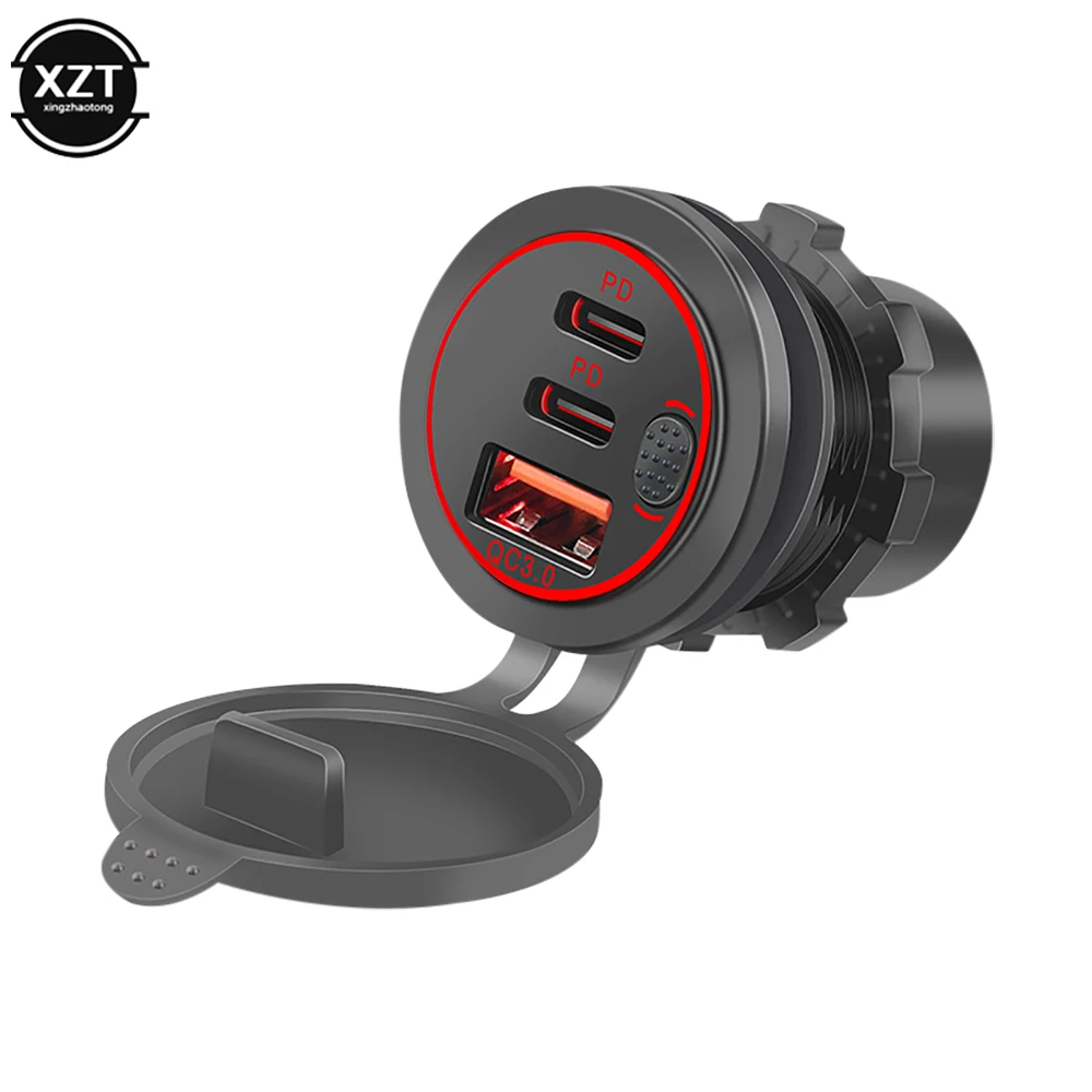 3 Ports USB Car Charger Socket Waterproof 12V/24V QC3.0 + Dual PD Flash Charging  Socket USB Outlet with Power Switch