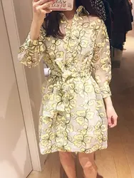 Women Lace-Up Dress Yellow Print Turn-down Collar Long Sleeve Vintage Mesh Mini Robe