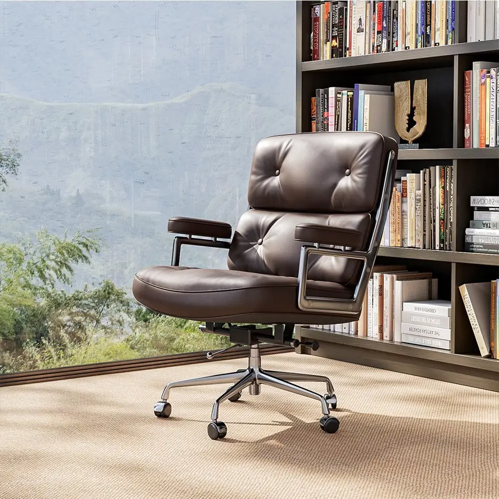 Silla de oficina de cuero genuino con espalda media, silla de escritorio ejecutiva con brazos y ruedas, moderna silla de escritorio de cuero rodante con Lumbar