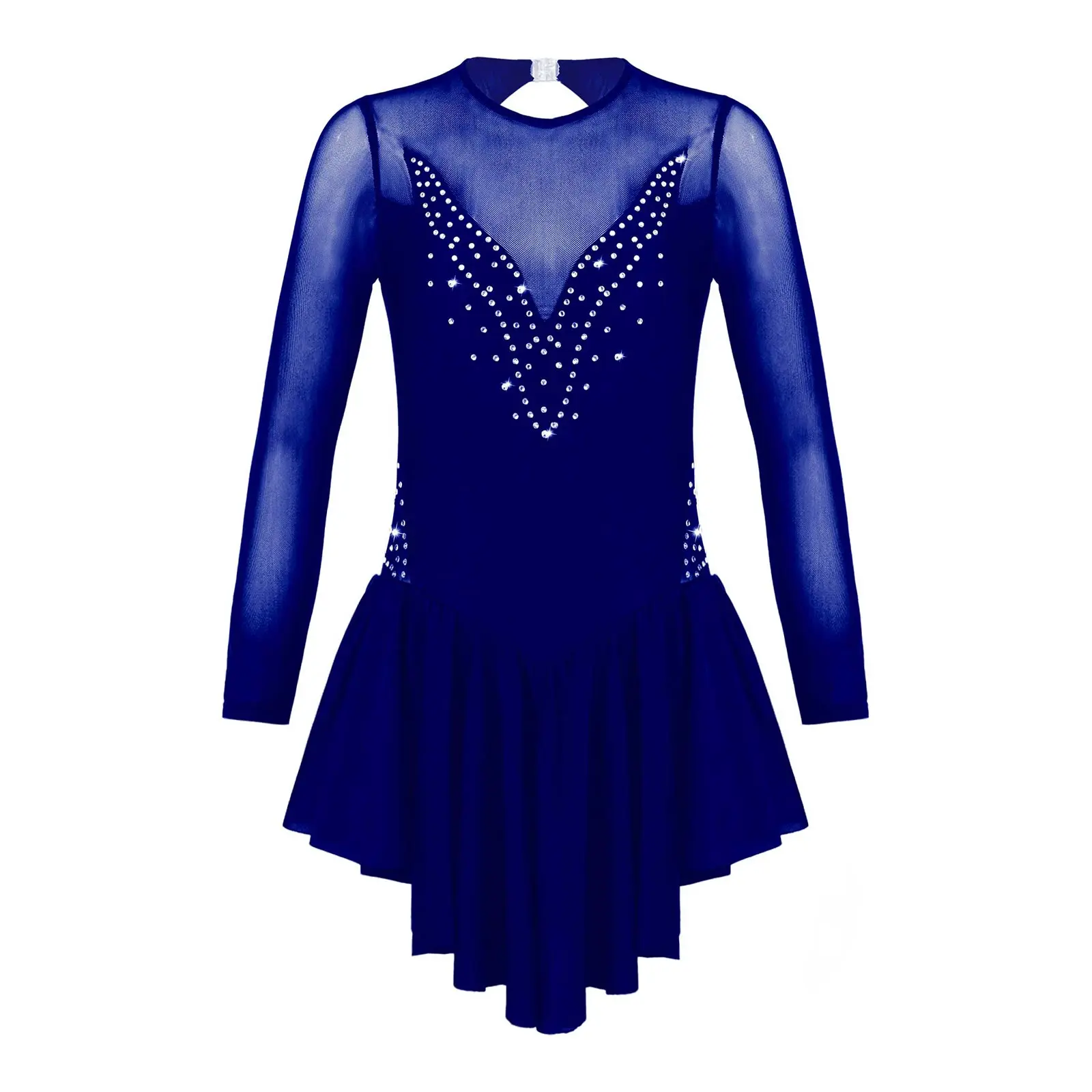 Girls Long Sleeve Figure Skating Clothes Shiny Rhinestone Ballet Dance Gymnastics Leotards Dress Sheer Mesh Patchwork Dancewear