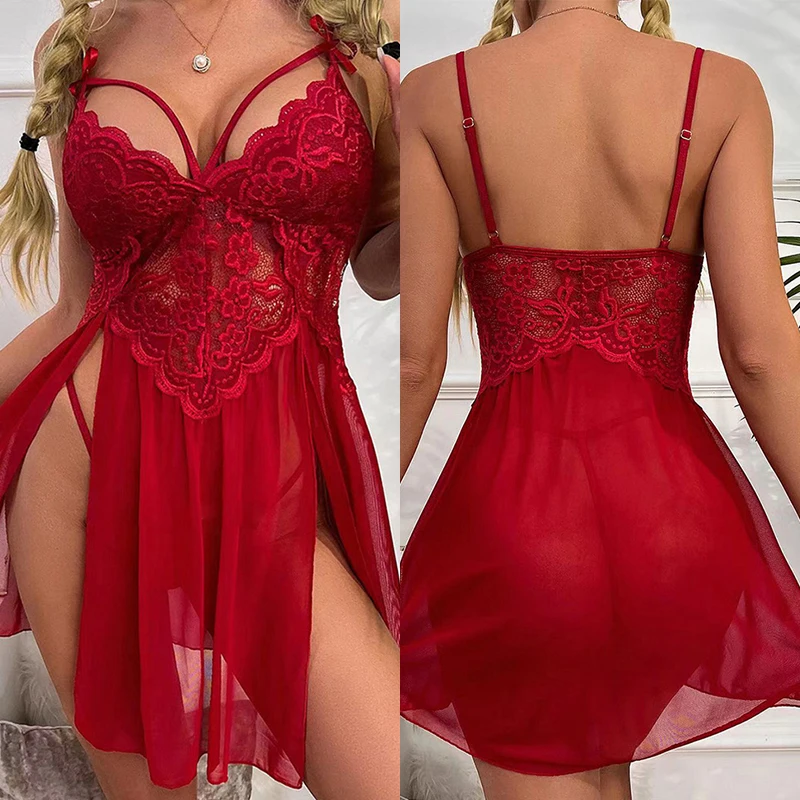 Camisón de encaje Sexy para mujer, lencería con lazo, ropa de noche, disfraces eróticos, vestido caliente, conjunto exótico de camisones y Tanga