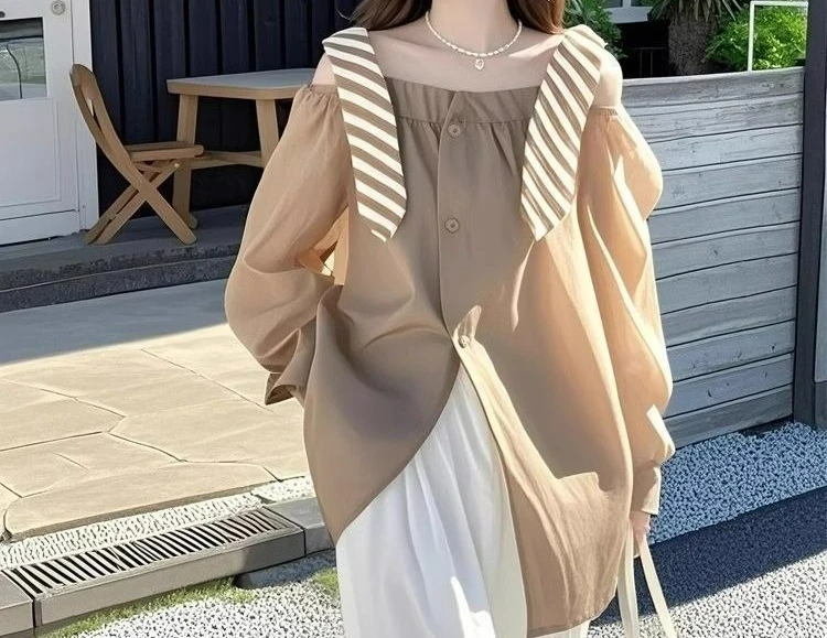 

Blue Splicing Fake Two-piece Off-the-shoulder Shirt Top Women's 2026 New Shirt Design Sense