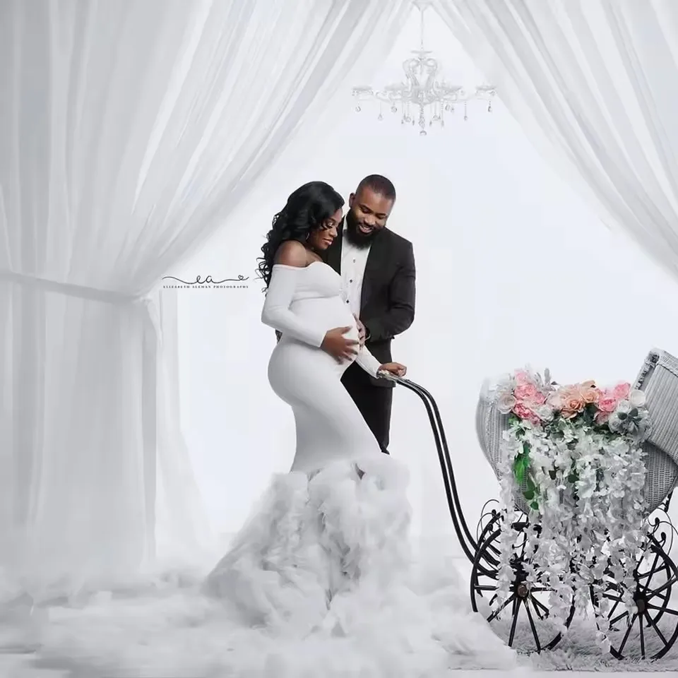 Vestido de maternidad de sirena de tul escalonado blanco elegante, vestidos de maternidad de manga larga, vestidos para sesión de fotos personalizados