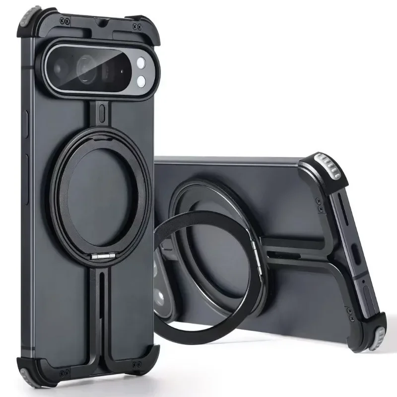 For Google Pixel9pro XL Fold Simple Design Shockproof Protector Cover Metal Rimless Magnetic Holder 360 Ring Rotation Phone Case