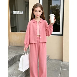 Girls Sets 4-16 Years Shirt Long-Sleeved Coat + Loose Casual Long Pants For Girls Korean Style Suits Summer Fashion Clothes Sets
