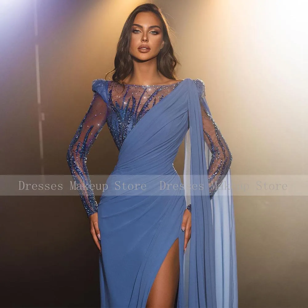 Sexy Evening Dress Sky Blue Beading Long Sleeves Luxury   Gowns  Side High Slit Mermaid Illusion Prom Dresses 2023