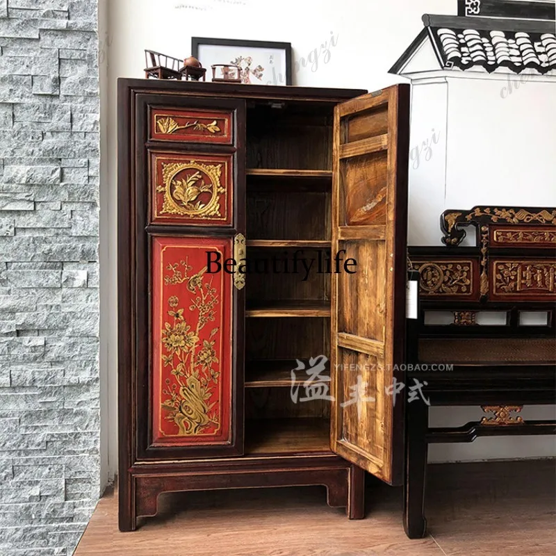 Vintage shoe cabinet for storage, two-door living room entryway cabinet, partition decorative cabinet, neoclassical solid wood