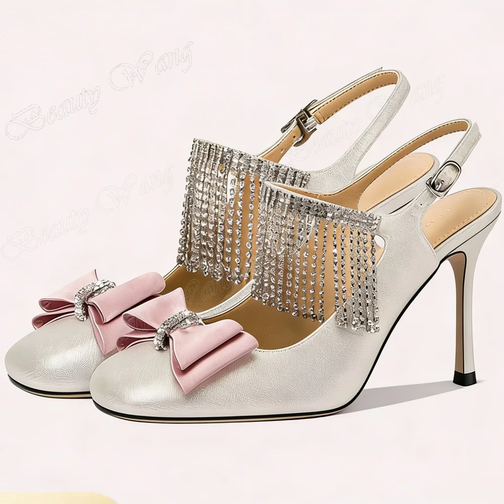 

Белые туфли-лодочки с розовой бахромой и кристаллами, с бантом, женские туфли на высоком каблуке с круглым носком и ремешком на щиколотке для девочек.