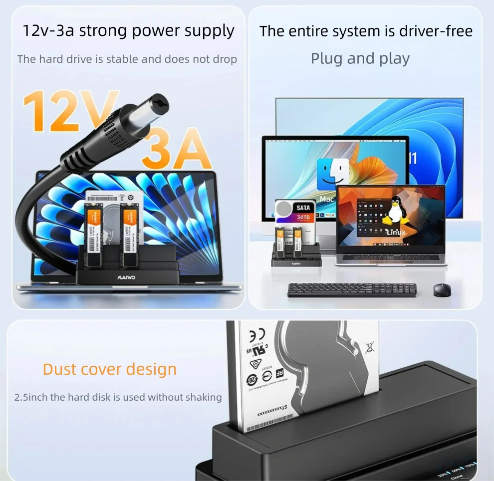 MAIWO 3-Bay Dockingstation Adapter 10Gbps für M.2 NVME SSD & 2,5 3,5 Zoll SATA HDD SSD Unterstützt Offline-Klonen für PC Laptop – Detail 3