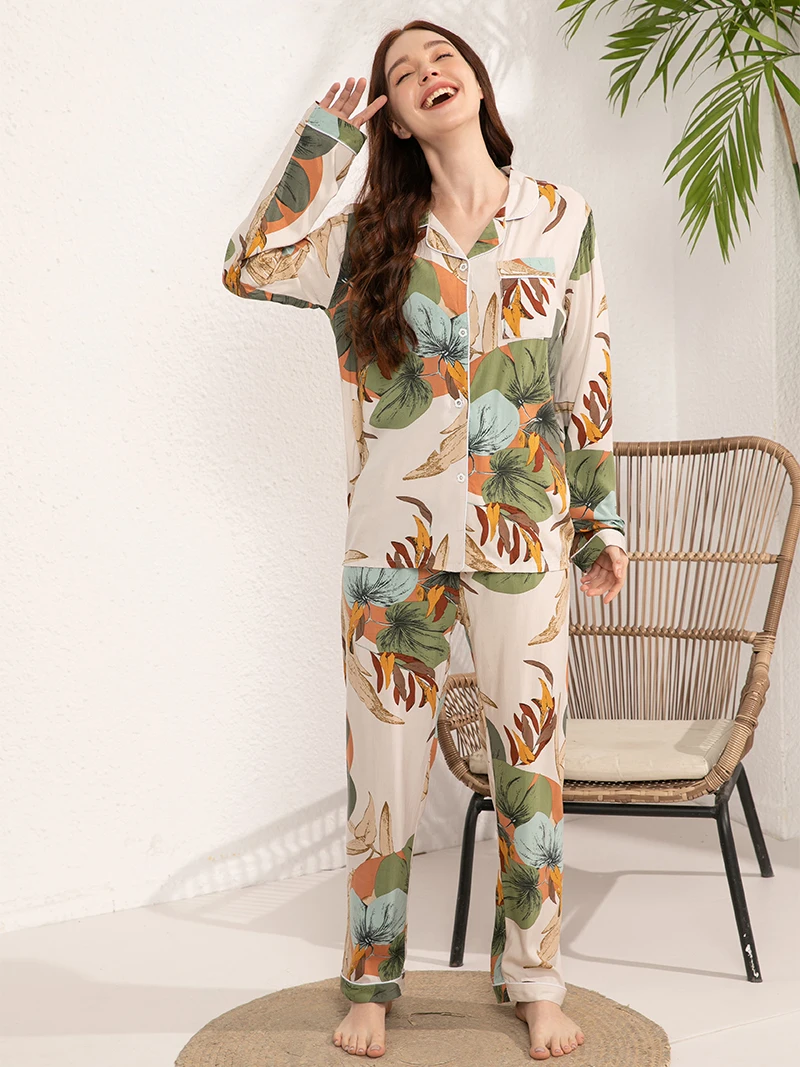 Women Pajamas Set for Spring and Autumn Long -Sleeved Plus Size S-3XL 100% Viscose  Loose Nightwear Suit Pajamas Sleepwear