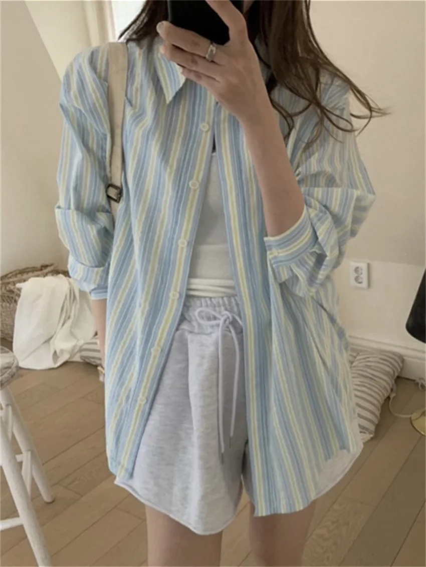 

Alien Kitty Korea Full Sleeve Shirts Women Stripes Sunscreen Summer Lazy Style New Loose Elegant 2024 All Match Casual Chic