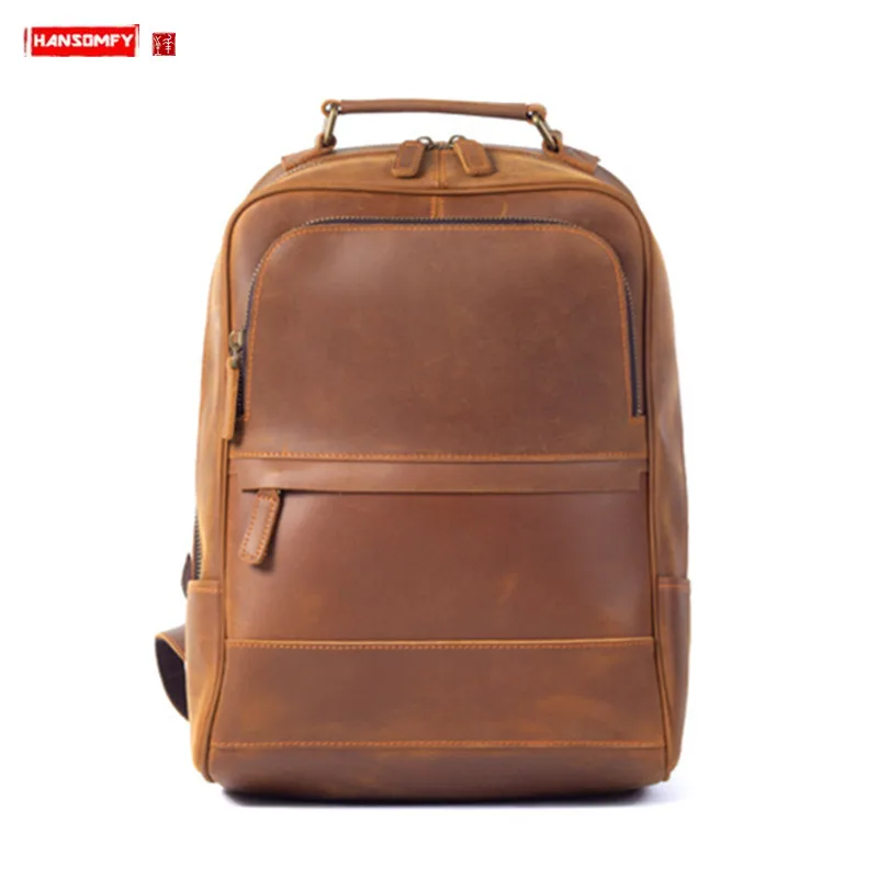 New Retro Crazy Horse Leather Bag Men Backpack Men's Leather Travel Backpack Schoolbag Large Capacity Computer Bag Original Male