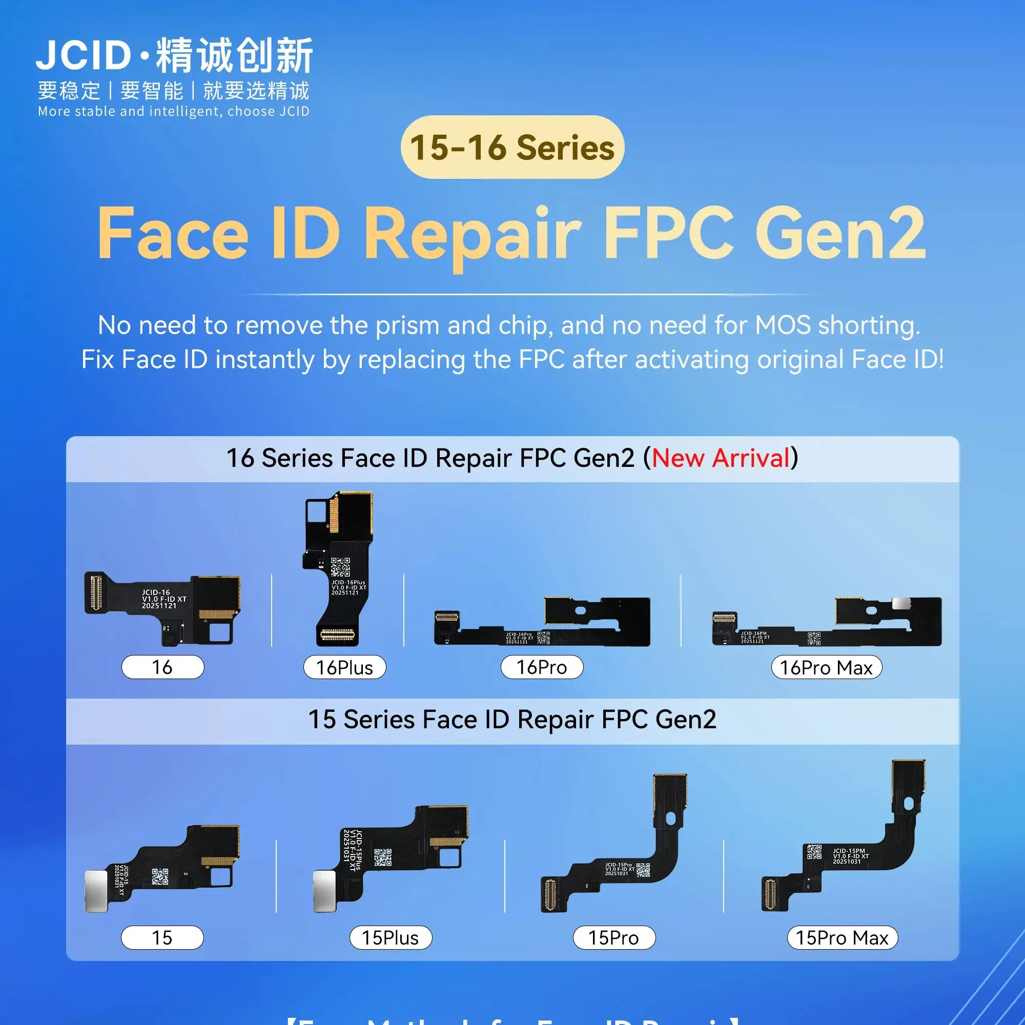

JCID IP15-16 Series FACE ID Repair FPC-Gen2 No Need Remove the Prism & Chip and No need for Mosi Shorting Repair Tool
