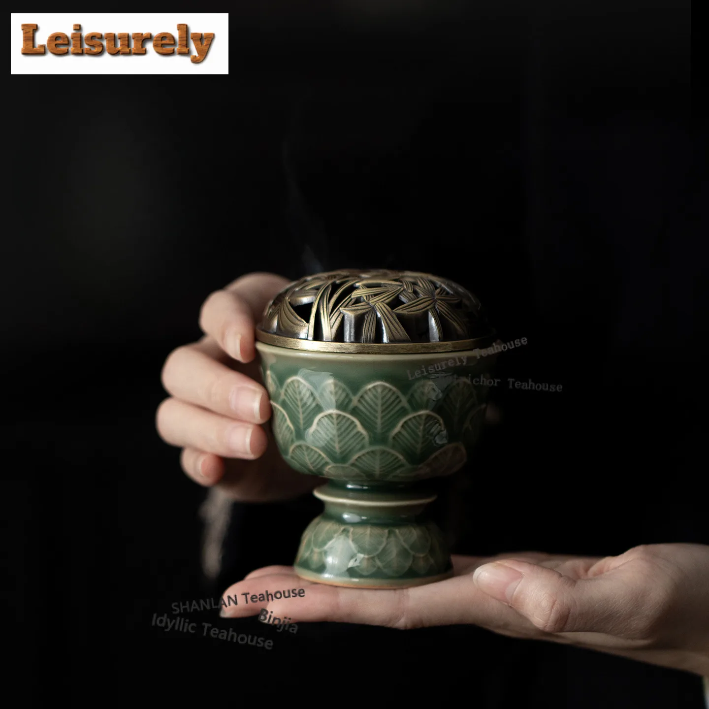 Yue Kiln Celadon Relief High Foot Incense Holder Incense Smoke Waterfall Incense Burners Aromatherapy Censer Teaset Ornaments