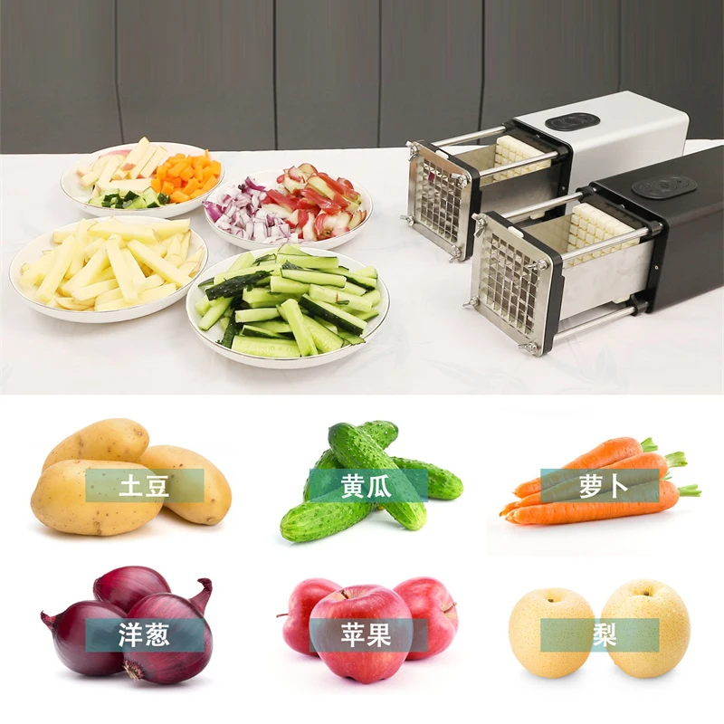 Mesin pemotong keripik kentang listrik, mesin pemotong sayuran kentang goreng 2 pisau baja tahan karat daya tahan lama 58W 110V-240V