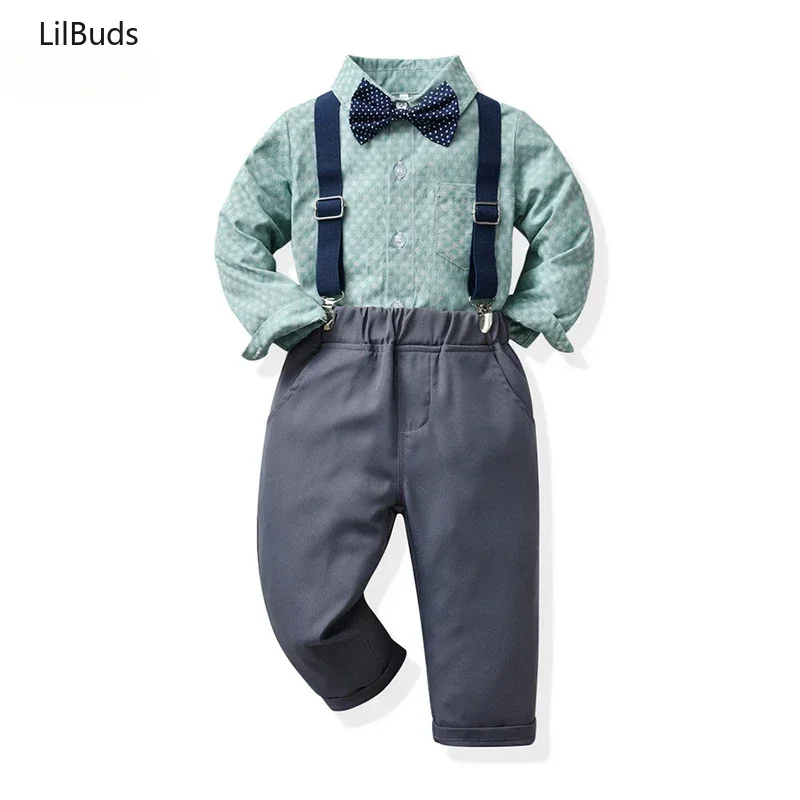 

2024 Kids Boys Gentleman Clothing Set Toddler Outfits for Wedding Party Children Long Sleeve Bowtie Shirt+straps Pants Autumn