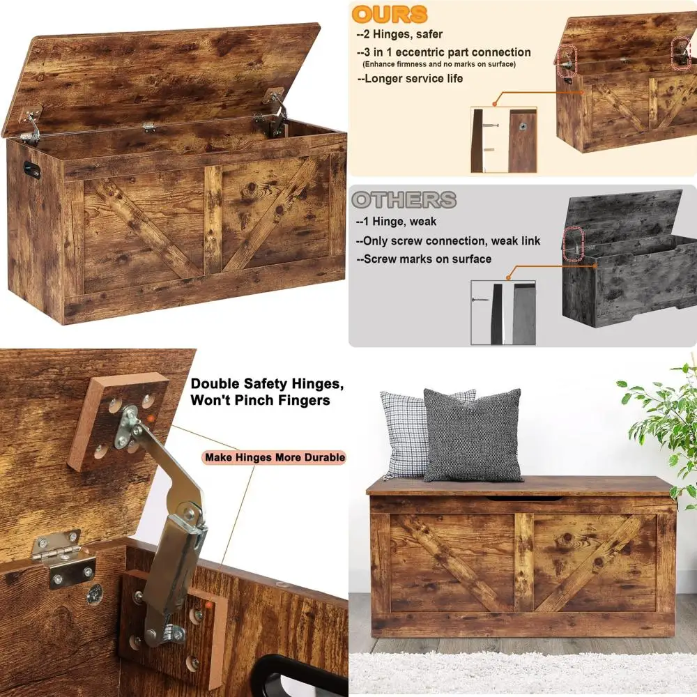 

Large Wooden Storage Trunk with 2 Safety Hinges, Rustic Brown Entryway Shoe Bench for Living Room and Bedroom