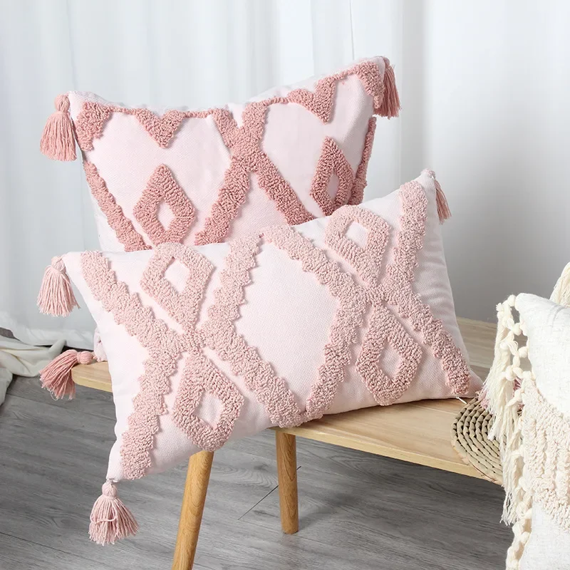 Tassel Cushion Cover 50x50cm/30x50cm Pink Pillowcase Handmade Square Living Room Boho Style for Home Decor Bedroom Zipper Open