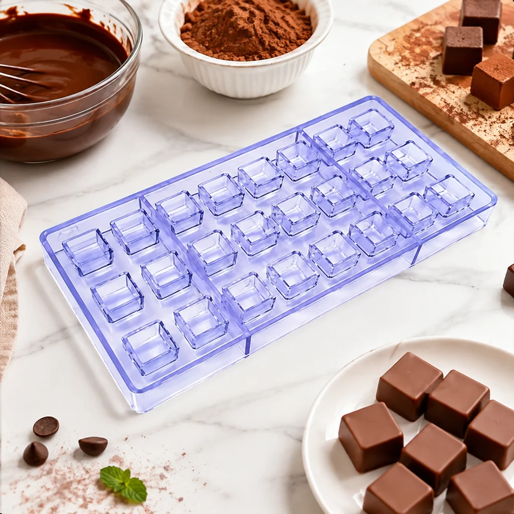 24-Cavity Small Square Polycarbonate Chocolate Mold, Square Bonbon Candy Confectionery Making Mold for Home and Bakery