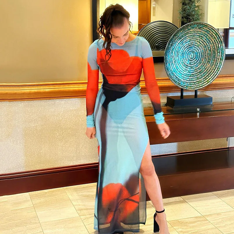 NOVEDAD DE VERANO 2025 vestido largo estampado con cuello redondo para mujer, vestido largo sexi de malla con abertura transparente a la moda