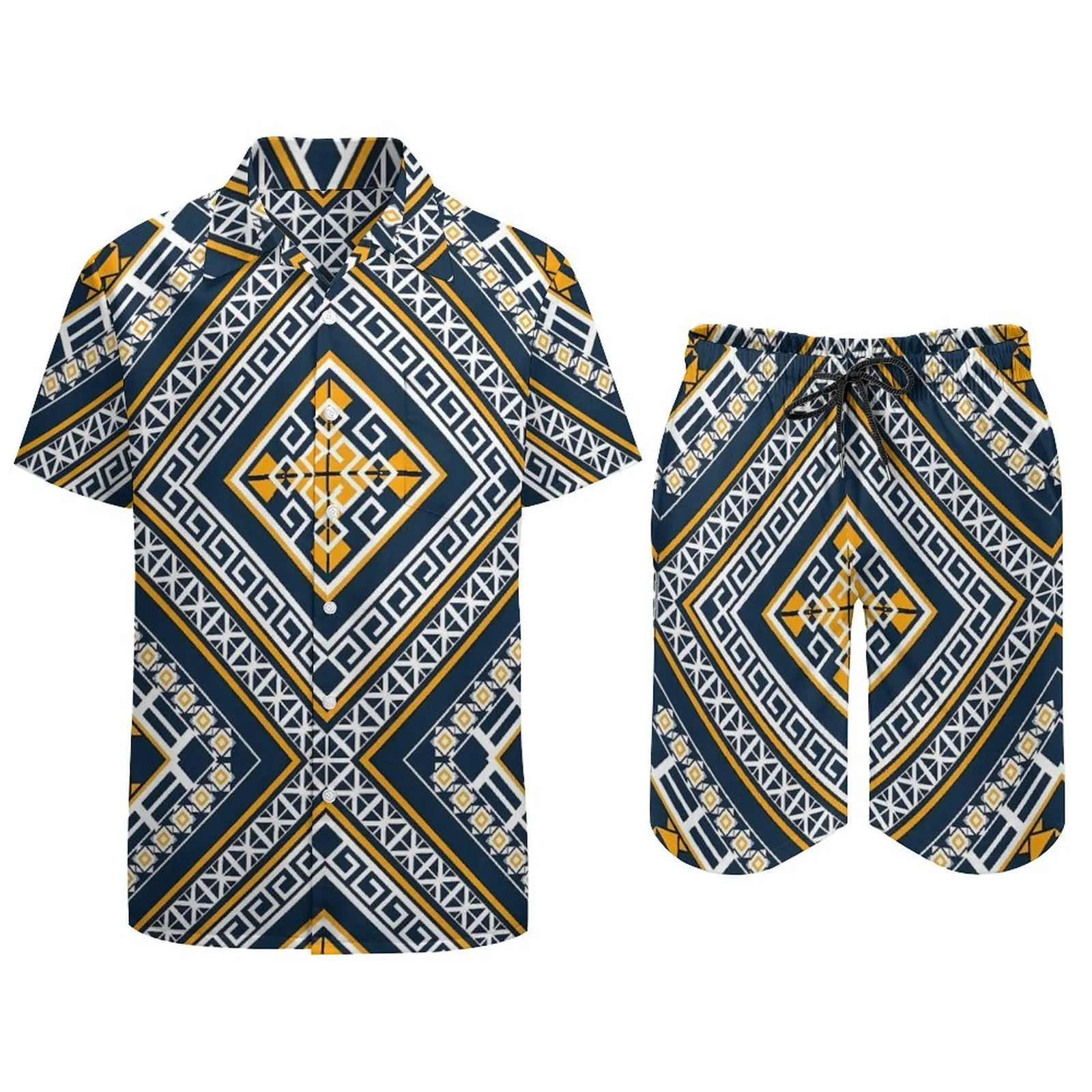 Branco vintage étnico masculino define geométrico casual shorts praia camisa conjunto verão design retro terno de manga curta roupas tamanho grande